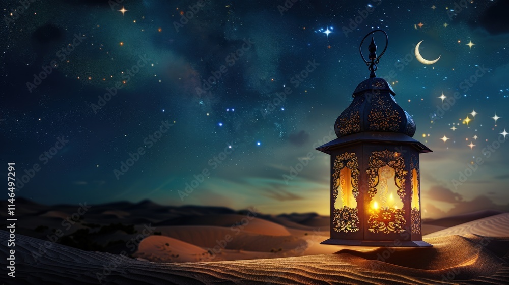 Ornate lantern glows in desert under starry night sky. Ornate lantern glows in desert under starry night sky.