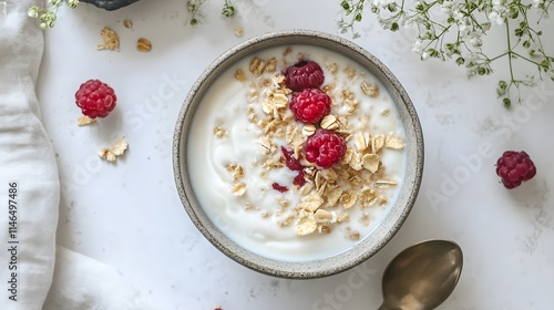 Healthy breakfast bowl with yogurt and raspberries home kitchen food photography natural light wellness concept photo