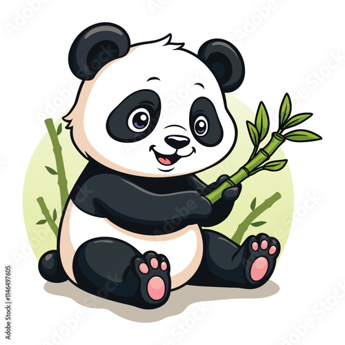 Cute Cartoon Panda Eating Bamboo