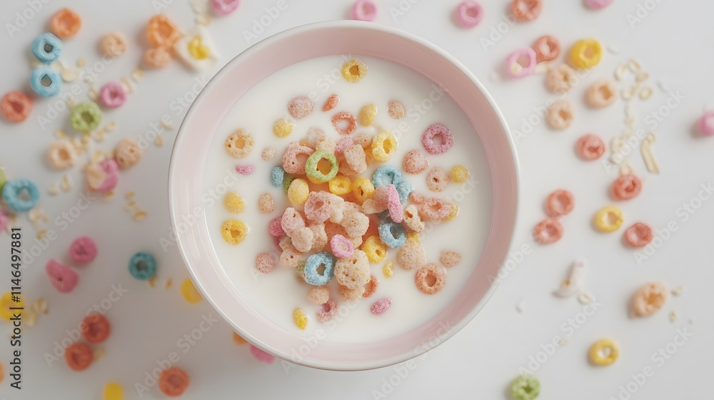 Colorful breakfast cereal with milk kitchen table food photography bright environment top view healthy eating Colorful breakfast cereal with milk kitchen table food photography bright environment top view healthy eating