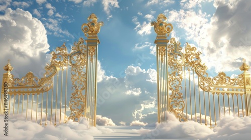 Ornate golden gates opening to a bright, cloudy sky, symbolizing heaven or paradise. photo