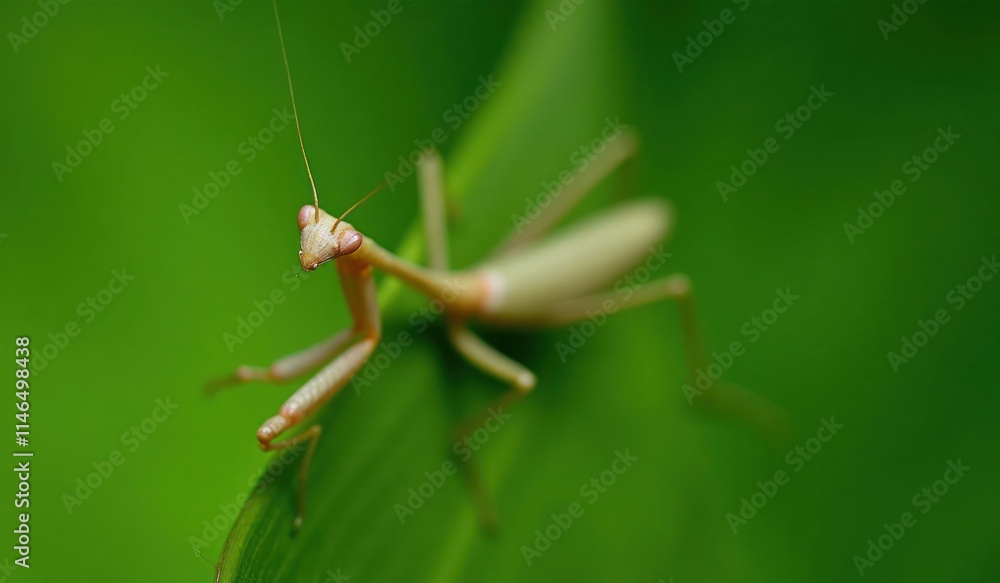 A unique macro shot of a praying mantis resting on a vibrant green leaf, with detailed textures of its exoskeleton captured under soft, natural light A unique macro shot of a praying mantis resting on a vibrant green leaf, with detailed textures of its exoskeleton captured under soft, natural light