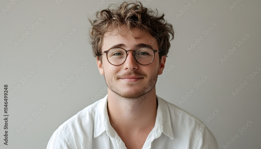 Young Man Wearing Glasses Smiles Gently Young Man Wearing Glasses Smiles Gently
