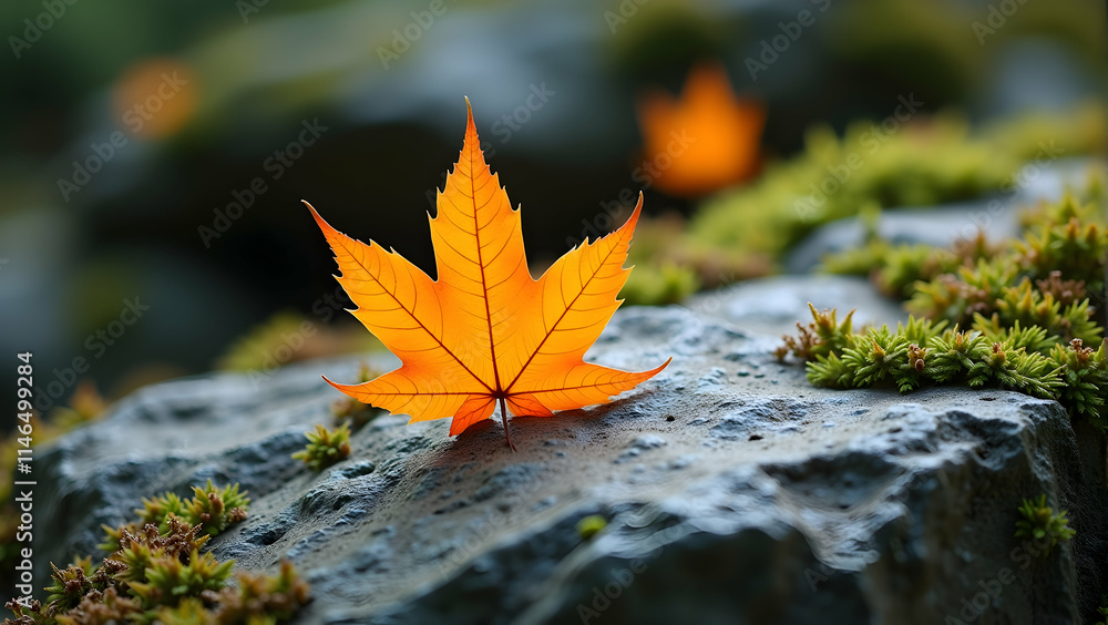 A lone, vibrant autumn leaf rests gently on a moss-covered rock, bathed in soft light. Nature's serene beauty unfolds. A lone, vibrant autumn leaf rests gently on a moss-covered rock, bathed in soft light. Nature's serene beauty unfolds.