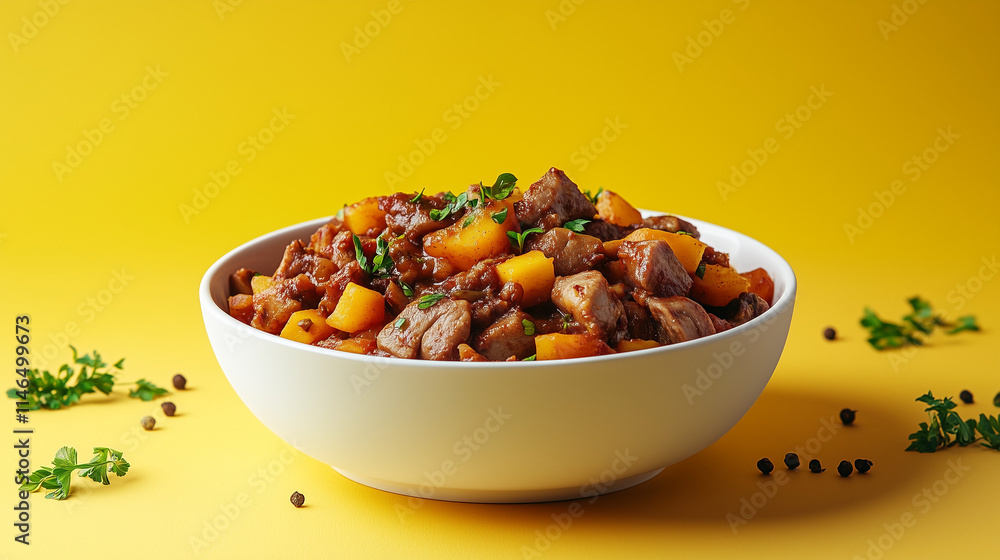 Bigos Stew with Meat and Potatoes in a White Bowl on Yellow Background Bigos Stew with Meat and Potatoes in a White Bowl on Yellow Background