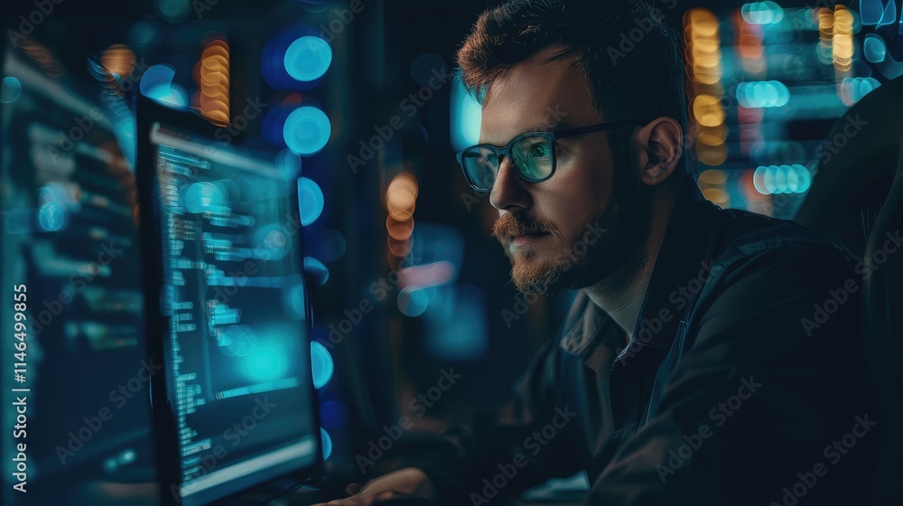 Focused Programmer Working in High-Tech Server Room