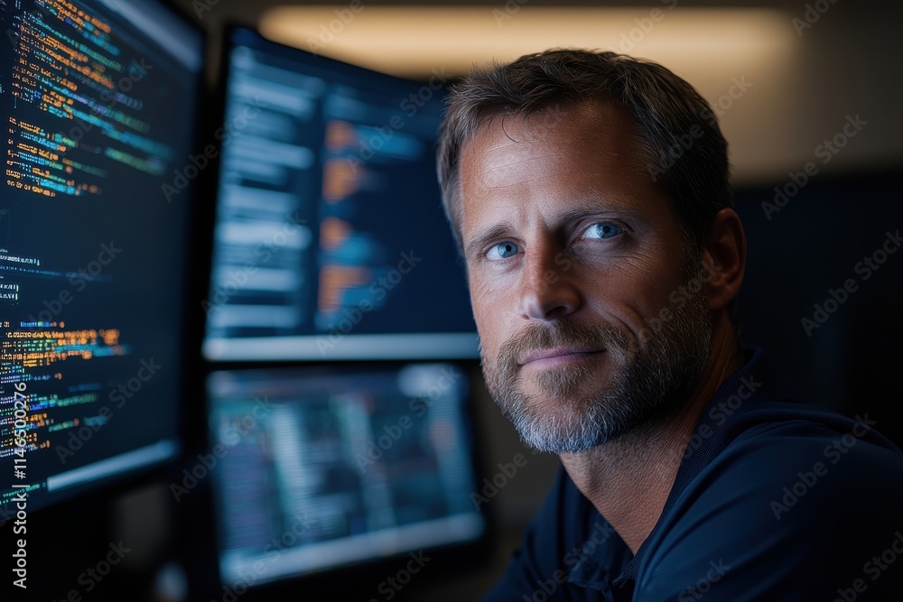 Fototapeta premium A focused man gazes thoughtfully as he works surrounded by multiple computer screens filled with code, highlighting a cutting-edge technological workspace.