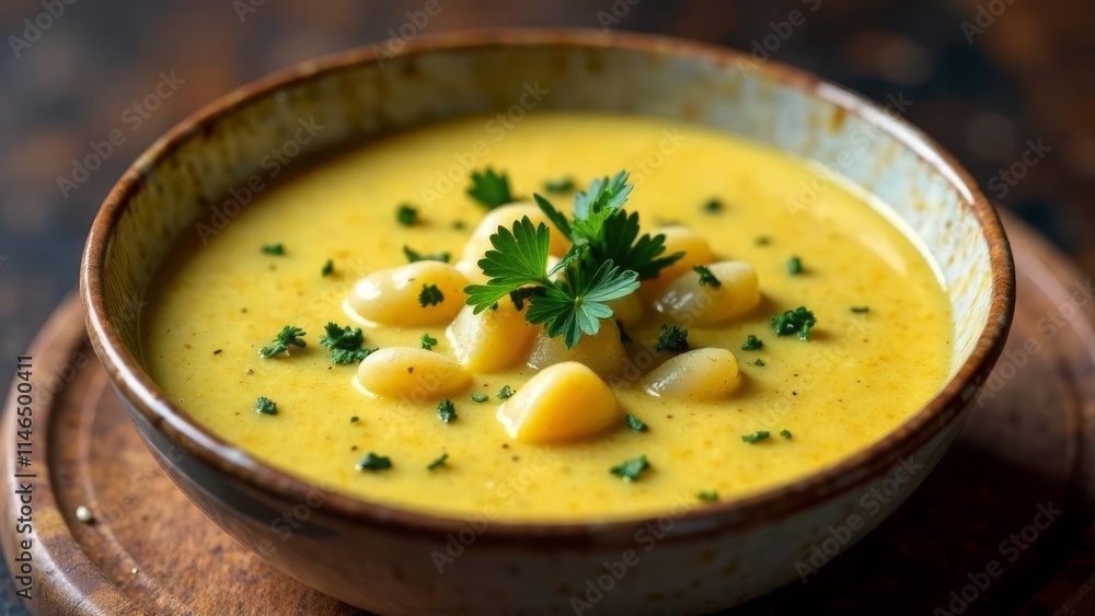 Creamy garlic potato soup with fresh parsley garnish in a rustic bowl Creamy garlic potato soup with fresh parsley garnish in a rustic bowl