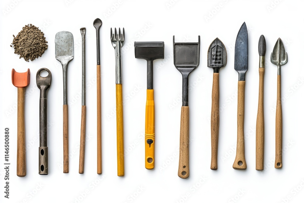 A collection of gardening tools arranged neatly on a white background. A collection of gardening tools arranged neatly on a white background.