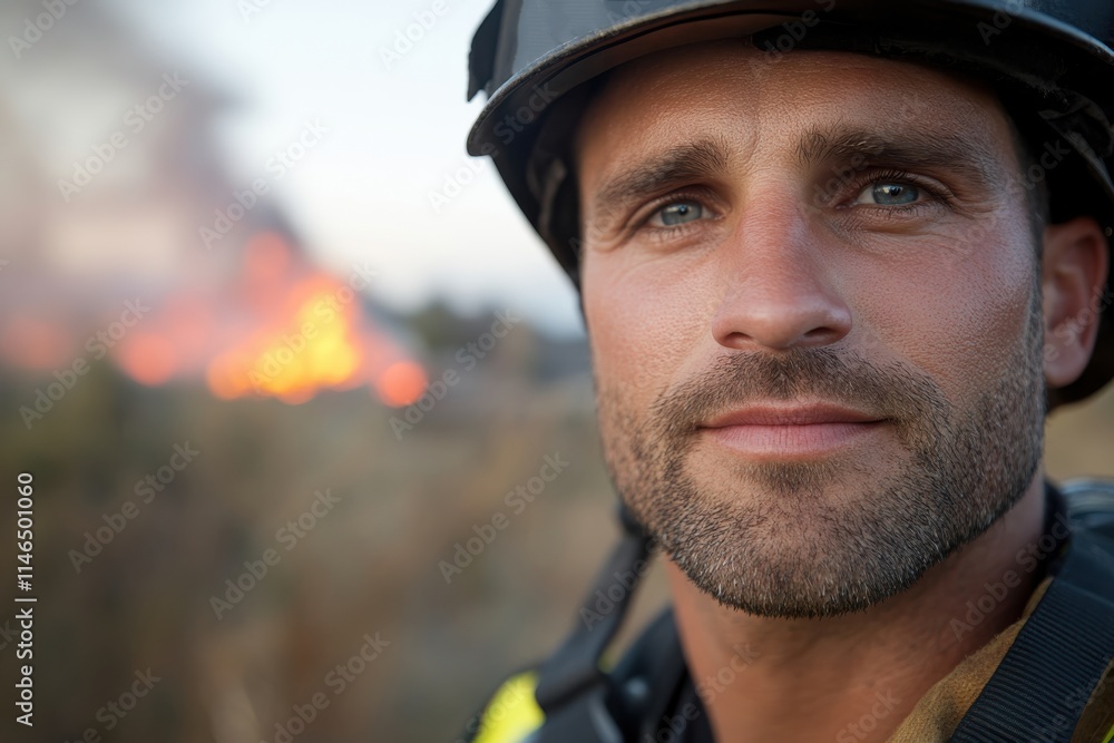 A confident firefighter poses amid a smoky backdrop, depicting bravery and strength. His piercing gaze highlights the dedication and courage needed to save lives in emergencies. A confident firefighter poses amid a smoky backdrop, depicting bravery and strength. His piercing gaze highlights the dedication and courage needed to save lives in emergencies.