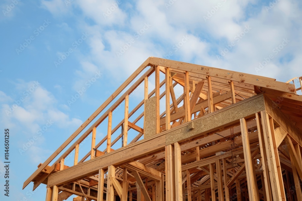 New Home Construction: Framing Against the Sky. Wooden Framework in Suburban Build Site New Home Construction: Framing Against the Sky. Wooden Framework in Suburban Build Site