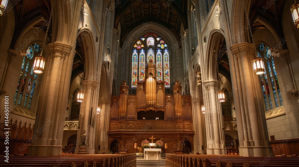 Fototapeta premium Majestic Church Interior Featuring Stained Glass and Ornate Woodwork