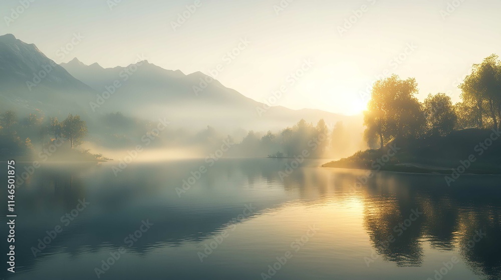 Obraz premium Foggy Morning on a Lake During Sunrise Summer Scene