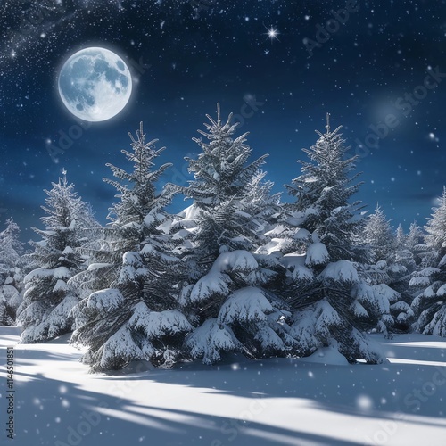 A peaceful winter vista with trees blanketed in snow, bathed in the luminous glow of the moonlight