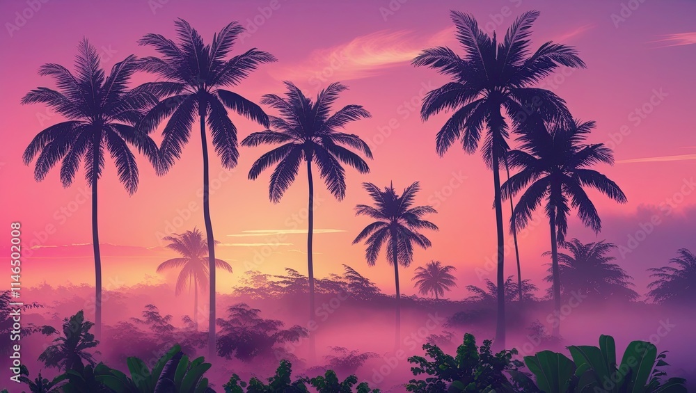 A serene tropical landscape set aglow during the golden hour, with multiple palm tree silhouettes standing tall against a vibrant sky, their slender trunks and feathery leaves etched against a warm, o A serene tropical landscape set aglow during the golden hour, with multiple palm tree silhouettes standing tall against a vibrant sky, their slender trunks and feathery leaves etched against a warm, o