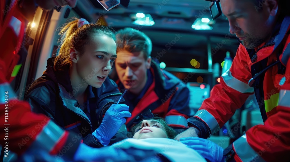 Obraz premium Emergency Medical Team Responds with Urgency and Care in Ambulance