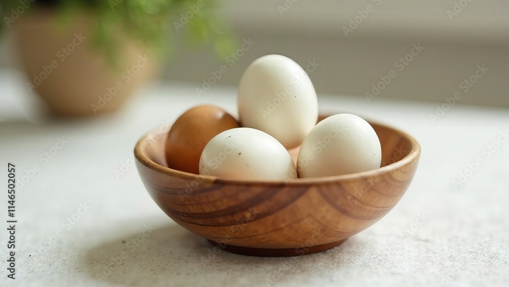 Variety of eggs in a wooden bowl on a light kitchen counter Variety of eggs in a wooden bowl on a light kitchen counter