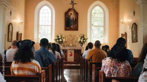 Serene Gathering in a Beautiful Church Interior photo