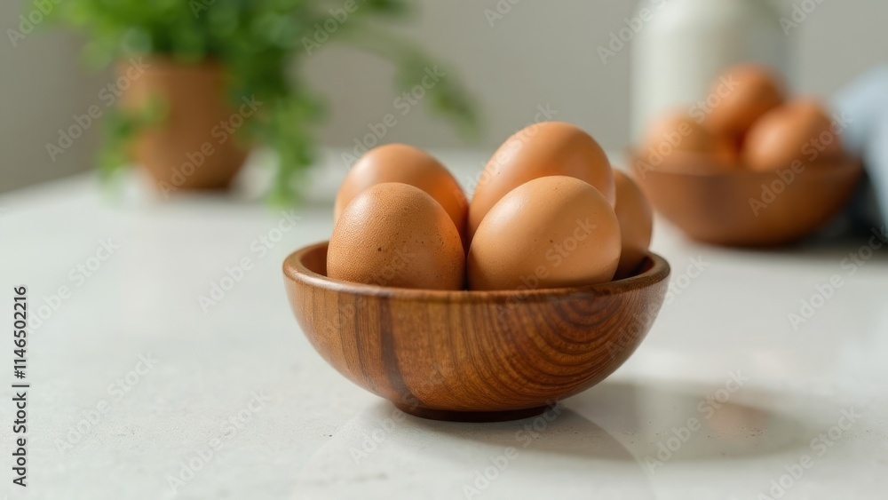 Fresh brown eggs in wooden bowl on kitchen counter with greenery in background Fresh brown eggs in wooden bowl on kitchen counter with greenery in background