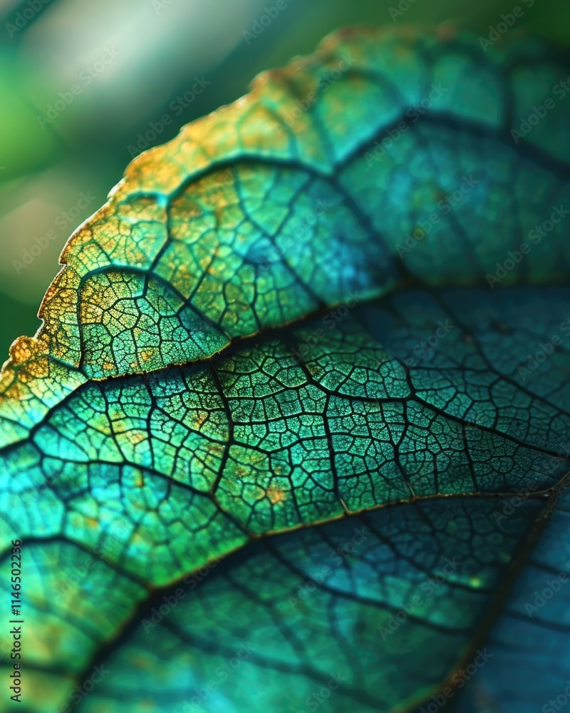 Fototapeta premium Organic Leaf Abstract: Nature's Beauty in Green and Blue Macro Background