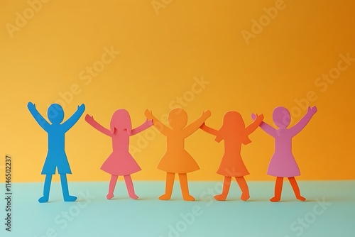 Happy Colorful Paper Cutout Kids Holding Hands