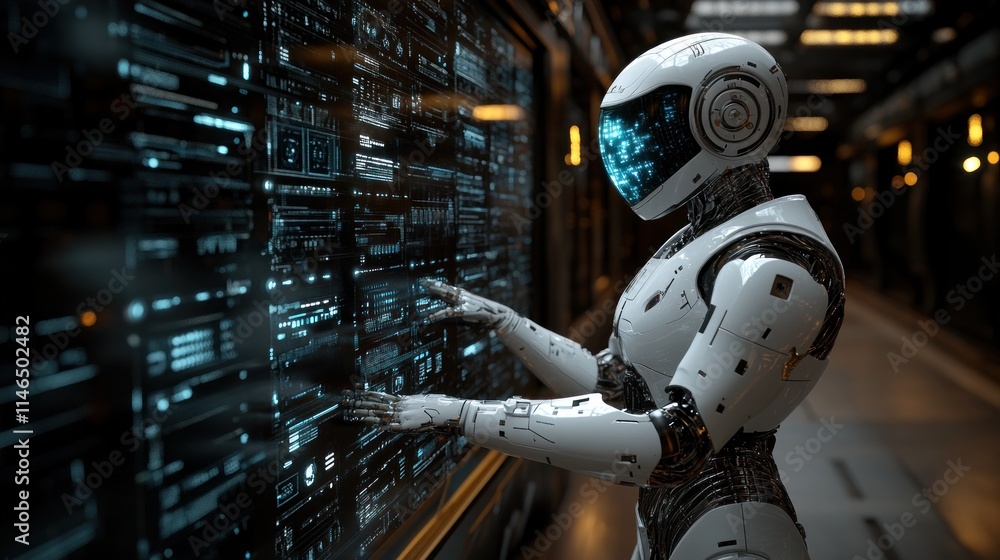Fototapeta premium A futuristic robot interacting with a digital interface in a high-tech environment.