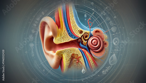 3D medical illustration of the human ear anatomy displaying outer ear, ear canal, and eardrum in a detailed and educational diagram.