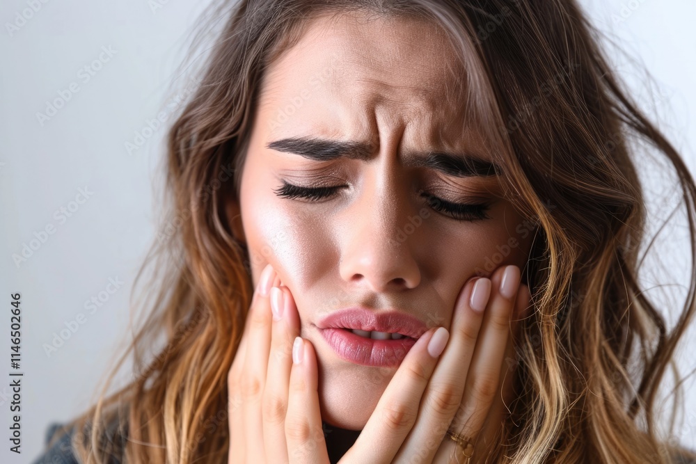 Painful Expression: Close-Up of Woman Suffering from Toothache on White Background Painful Expression: Close-Up of Woman Suffering from Toothache on White Background