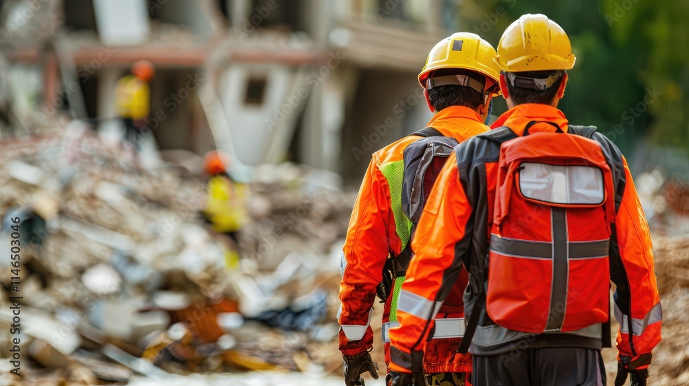 Workers in Safety Gear Assessing Site After Disaster Recovery Operation Workers in Safety Gear Assessing Site After Disaster Recovery Operation