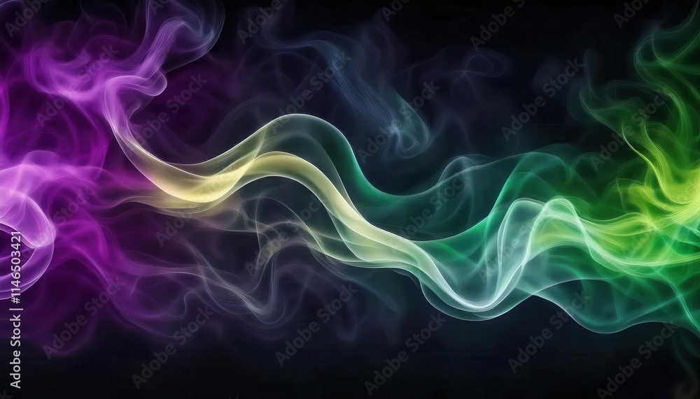 Mesmerizing Abstract Smoke Art. Vibrant Waves of Purple, Yellow, and Green Colors Flowing on a Black Background, Perfect for Modern Digital Art, Design Inspiration, and Creative Visual Projects Mesmerizing Abstract Smoke Art. Vibrant Waves of Purple, Yellow, and Green Colors Flowing on a Black Background, Perfect for Modern Digital Art, Design Inspiration, and Creative Visual Projects