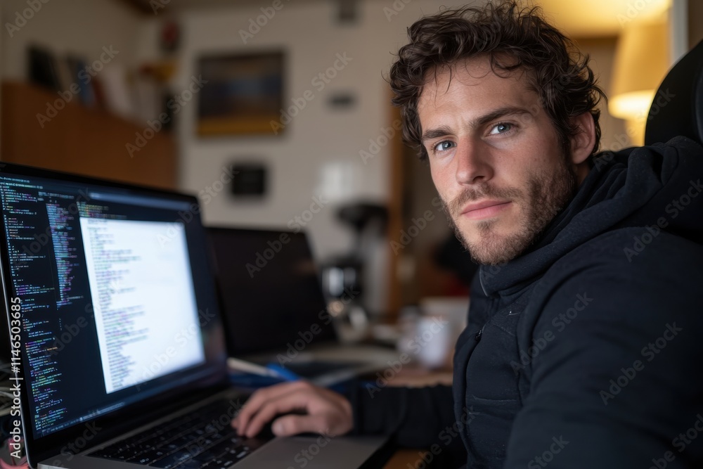 A contemplative male programmer sits at his laptop in a cozy home office, surrounded by screens, deeply engaged in writing code while reflecting on project complexities. A contemplative male programmer sits at his laptop in a cozy home office, surrounded by screens, deeply engaged in writing code while reflecting on project complexities.