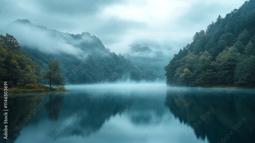Serene Mountain Lake Mist Shrouds Green Hills Serene Mountain Lake Mist Shrouds Green Hills