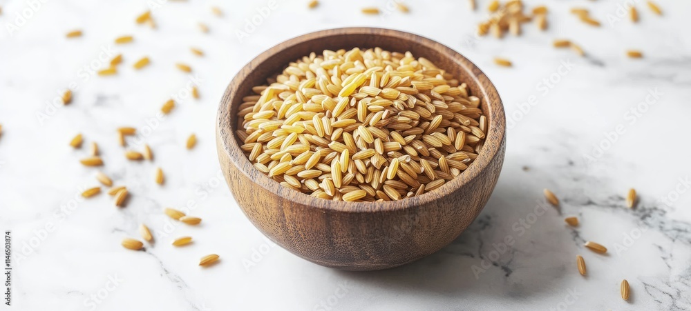 Close-Up of Golden Rice Grains in a Wooden Bowl for Authentic Culinary Imagery Close-Up of Golden Rice Grains in a Wooden Bowl for Authentic Culinary Imagery