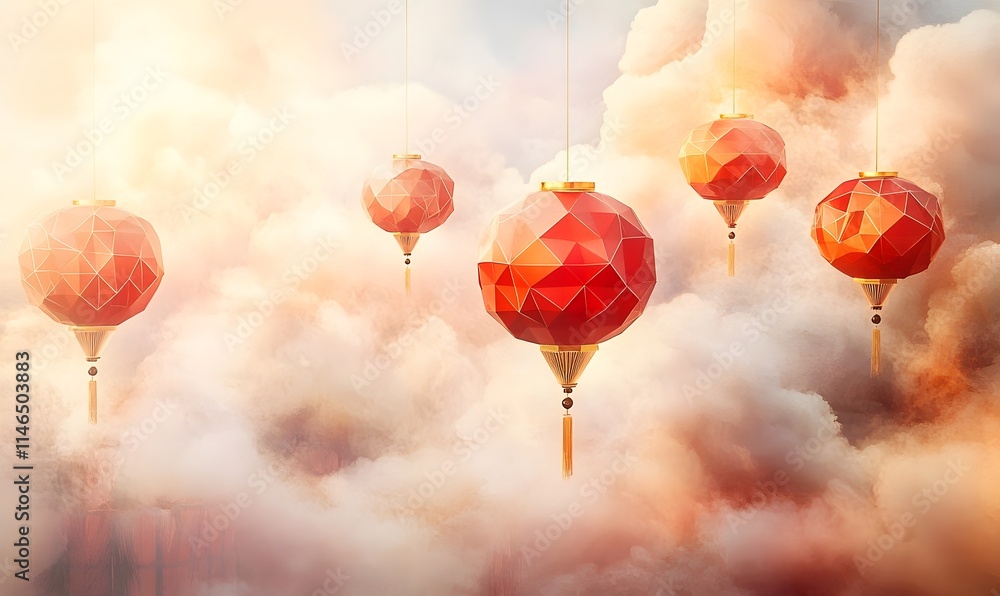 Obraz premium Floating red polygonal lanterns amidst hazy clouds.