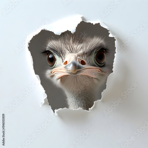 Quirky Ostrich Head Peeking Through a Torn White Paper Background with a Curious and Amused Look, Perfect for Unique Illustrations photo