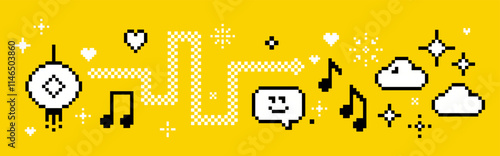 Festival vector illustration in pixel art video game style. Trendy Y2k retro sticker set. Playful pixel shapes. Snake, music note, festive decoration. Mood of 90s aesthetics. Lunar celebration concept