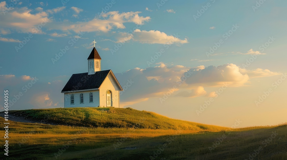 Peaceful Church on a Hill at Sunset with Dramatic Skies Peaceful Church on a Hill at Sunset with Dramatic Skies