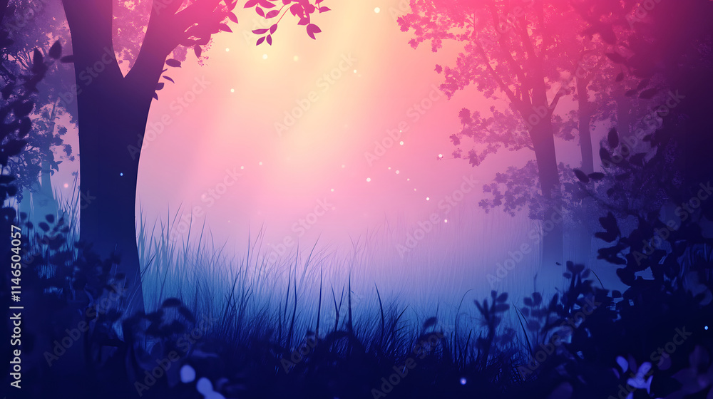 Silhouetted Trees and Grass in a Dreamlike Forest Setting Silhouetted Trees and Grass in a Dreamlike Forest Setting