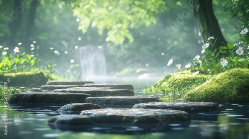 Serene Stepping Stones Across Misty Forest Stream