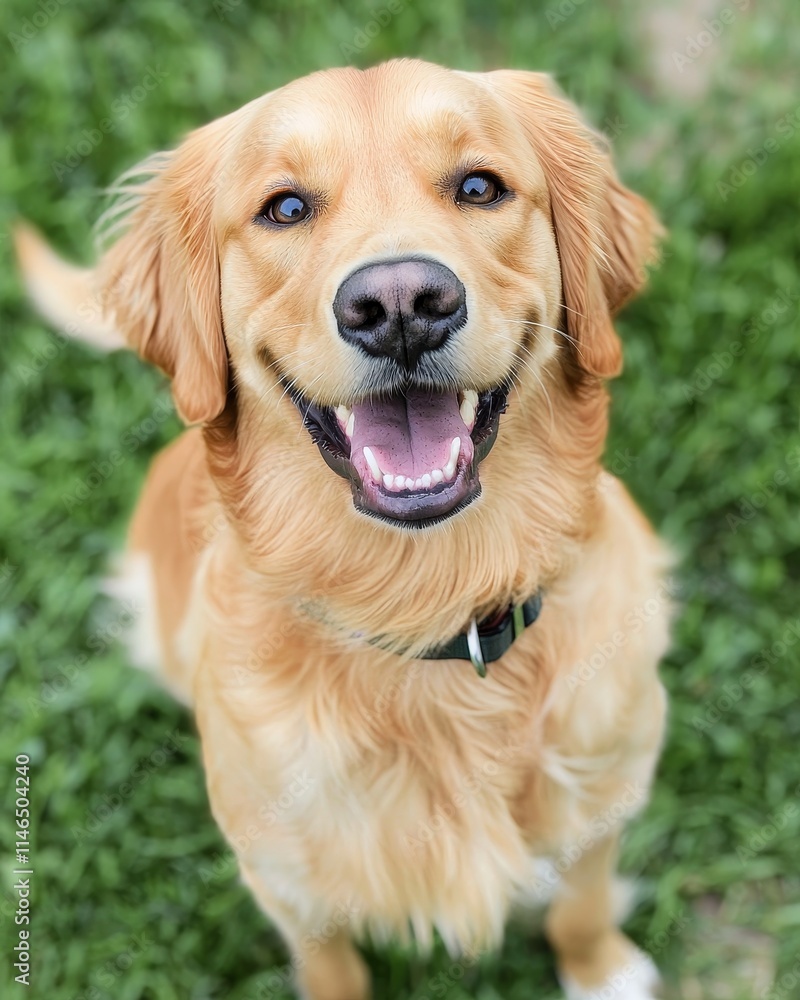 Happy golden retriever playing in green grass outdoor daylight Happy golden retriever playing in green grass outdoor daylight
