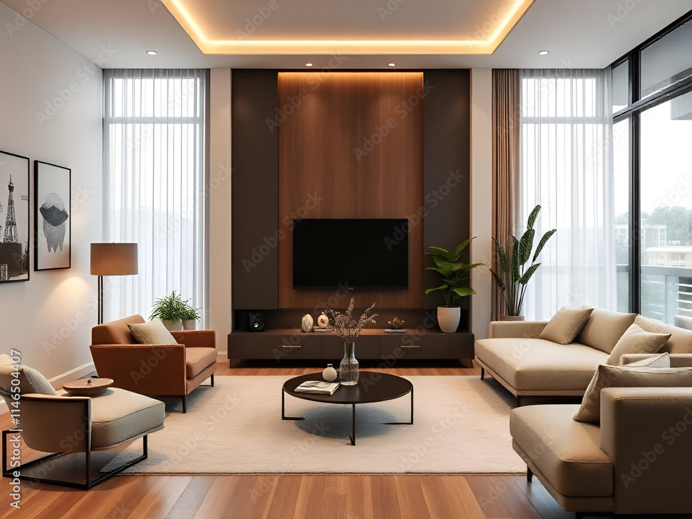 Fototapeta premium Luxury modern living room with sleek wooden paneling elegant furniture warm lighting.