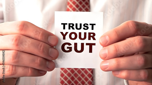 businessman holding a card with a message man holding a written paper trust your gut