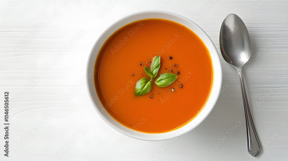 Delicious tomato basil soup recipe kitchen food photography cozy setting top-down view culinary delight Delicious tomato basil soup recipe kitchen food photography cozy setting top-down view culinary delight
