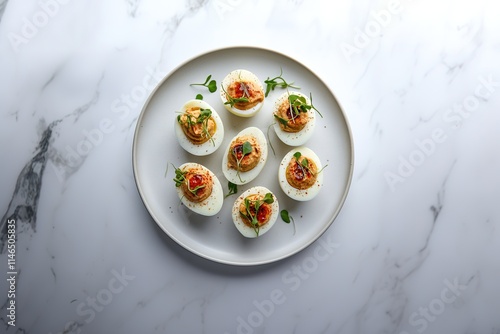 Deviled eggs on plate with spices and herbs photo