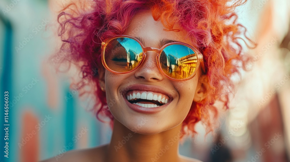 Happy Woman With Pink Curly Hair And Sunglasses Happy Woman With Pink Curly Hair And Sunglasses