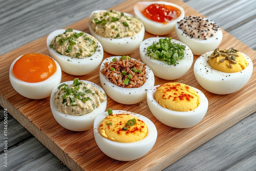 Variety of deviled eggs with different toppings on board Variety of deviled eggs with different toppings on board