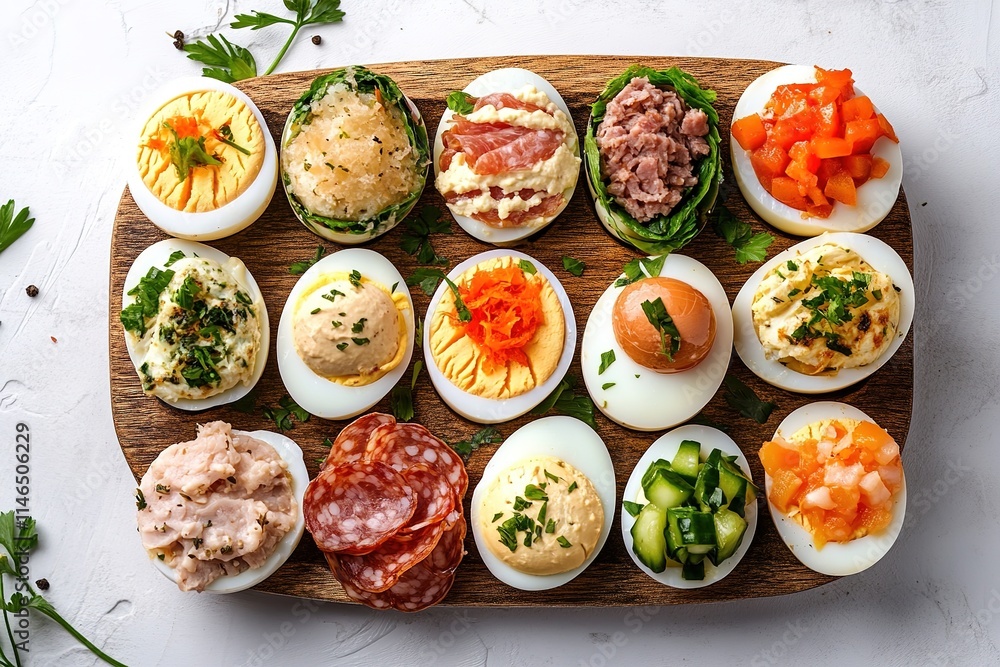 Colorful deviled eggs with various toppings on wood board Colorful deviled eggs with various toppings on wood board