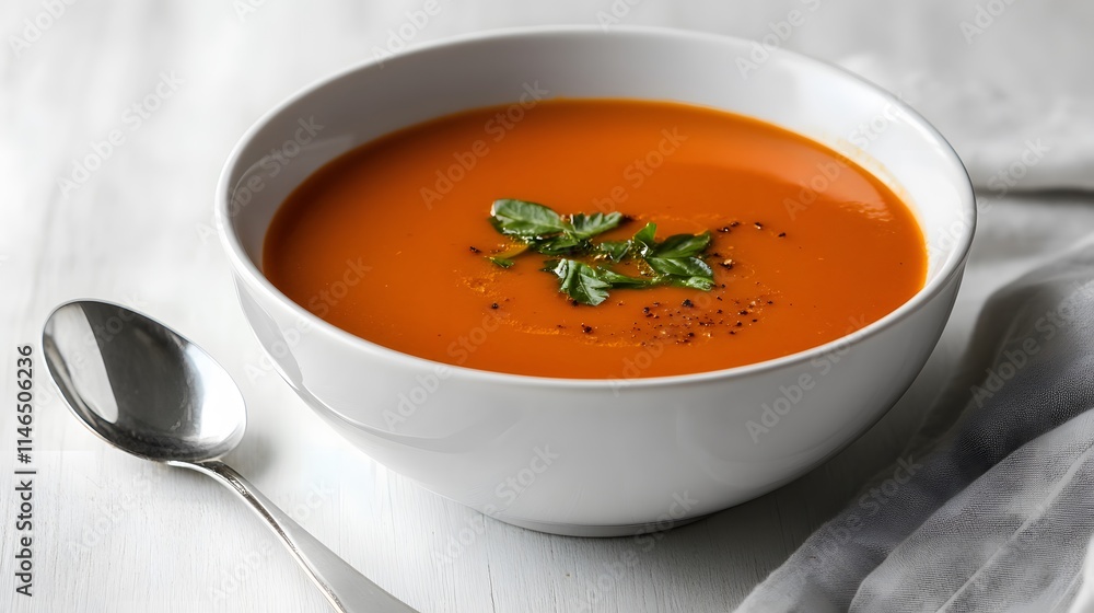 Serving fresh tomato soup kitchen food photography cozy atmosphere close-up culinary delight Serving fresh tomato soup kitchen food photography cozy atmosphere close-up culinary delight