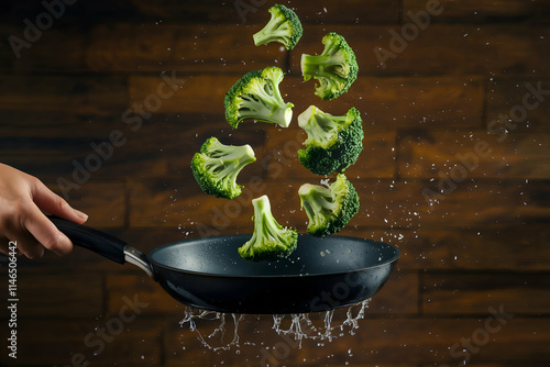 Broccoli tossed mid air in frying pan with water droplets, dynamic freshness photo