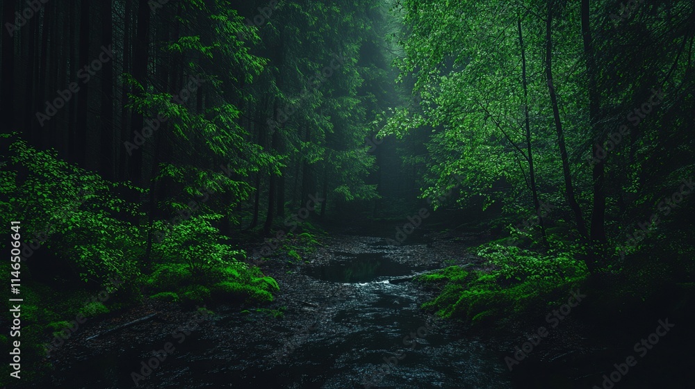 Fototapeta premium Enchanting Forest Stream, Verdant Canopy, Mystical Path